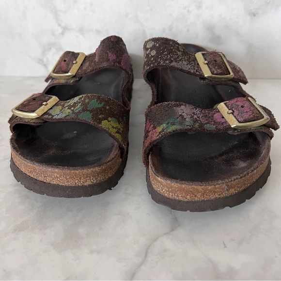 Birkenstock Arizona Leather Flower Crush Mocha Sandals - Picture 4 of 13
